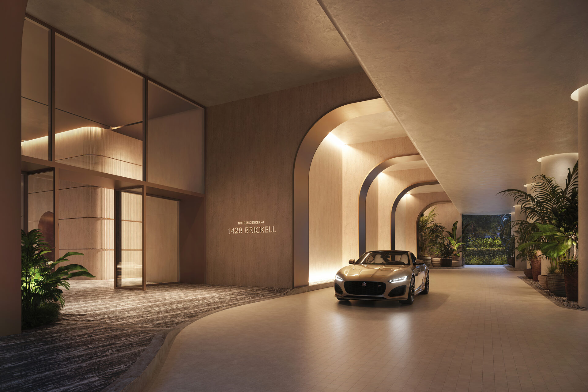1428 Brickell porte-cochere evening view